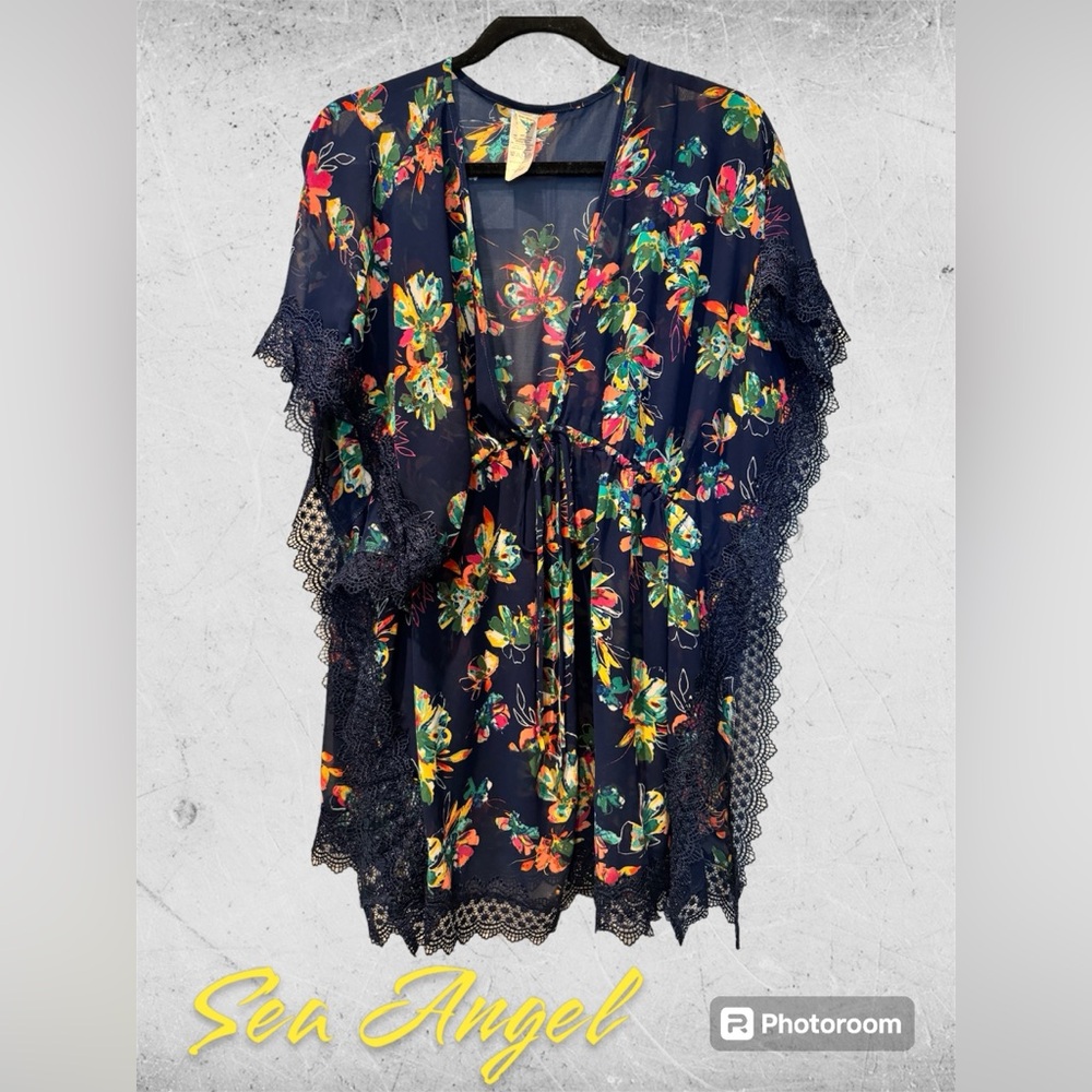 Sea Angel Navy Floral Swimsuit Swim Coverup Crochet Lace Kimono Size Small